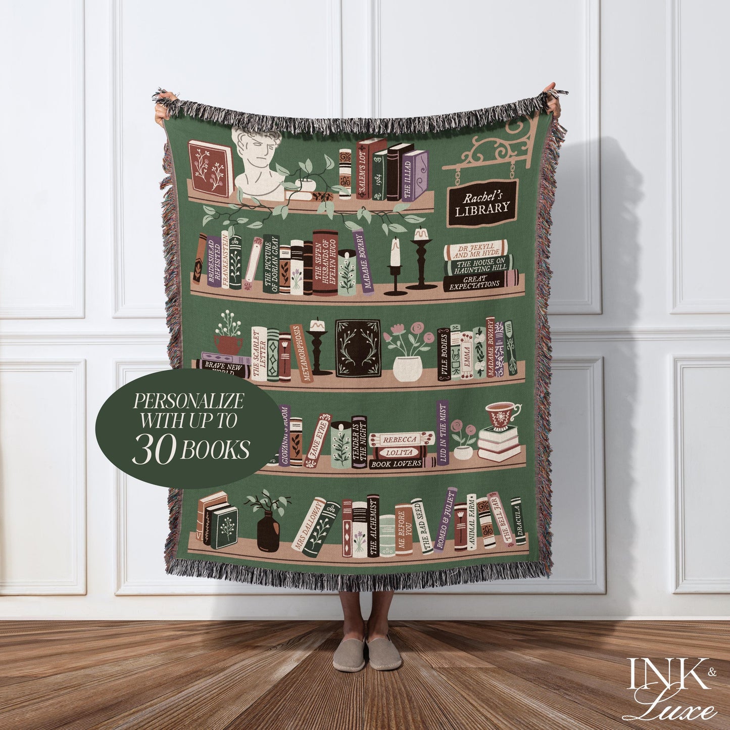 Personalized Bookshelf Woven Throw Blanket, Book Lover Gift, Gifts For Readers, Custom Reading Blanket, Bookish Tapestry Blanket, Book Nook