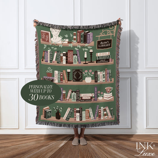 Personalized Bookshelf Woven Throw Blanket, Book Lover Gift, Gifts For Readers, Custom Reading Blanket, Bookish Tapestry Blanket, Book Nook