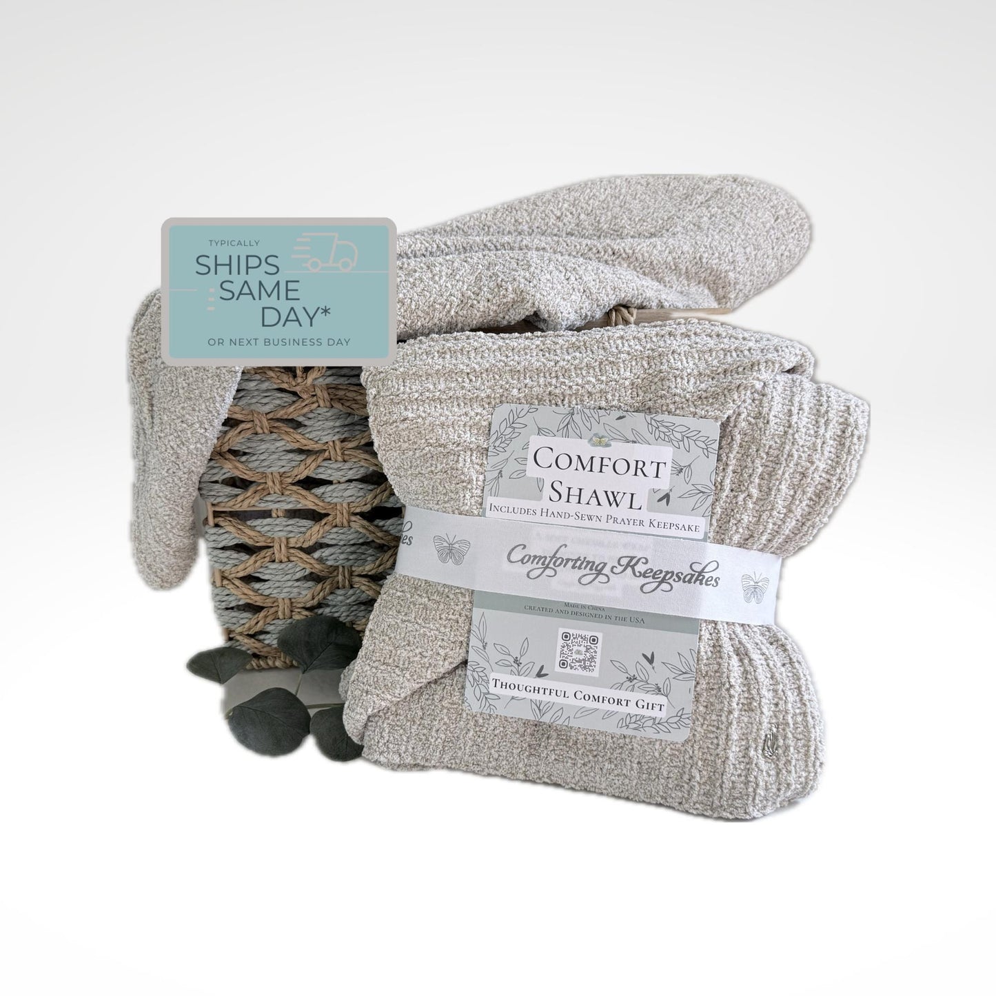 Knitted Chenille Emotional Support Prayer Shawl with Praying Hands Charm