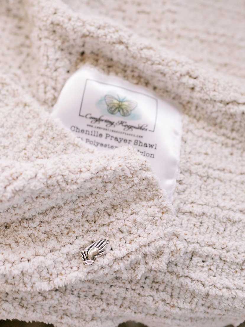 Knitted Chenille Emotional Support Prayer Shawl with Praying Hands Charm