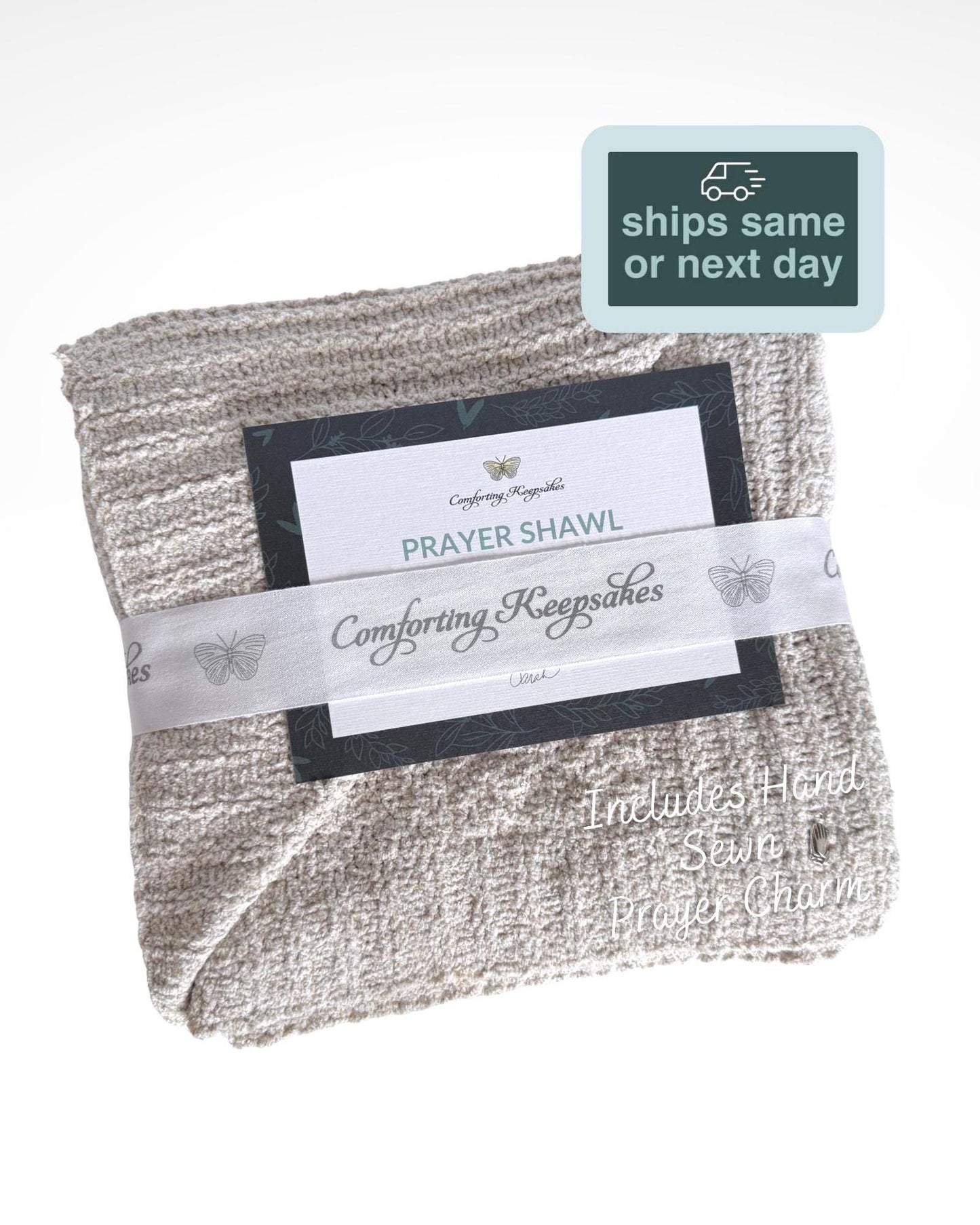 Knitted Chenille Emotional Support Prayer Shawl with Praying Hands Charm