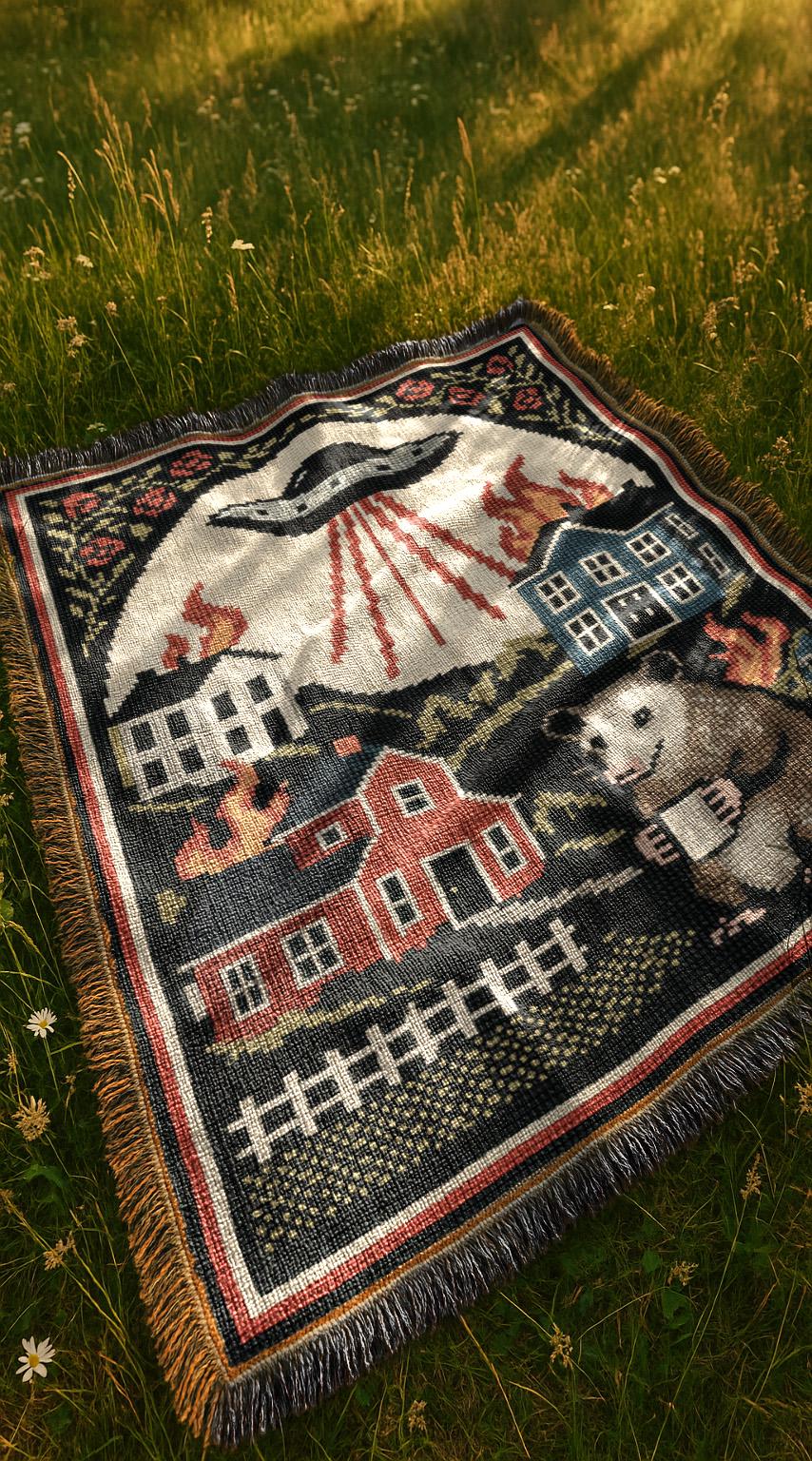 UFO Invasion Blanket | Chaotic Bohemian Western Woven Tapestry | Alien Opossum Country Throw Blanket