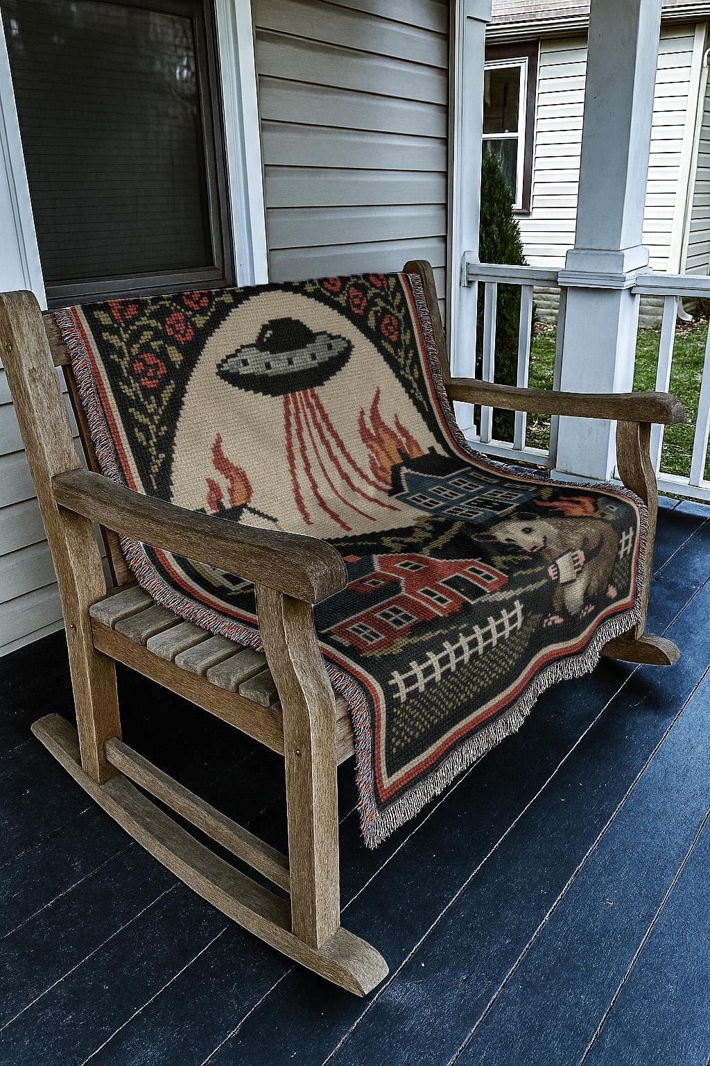 UFO Invasion Blanket | Chaotic Bohemian Western Woven Tapestry | Alien Opossum Country Throw Blanket