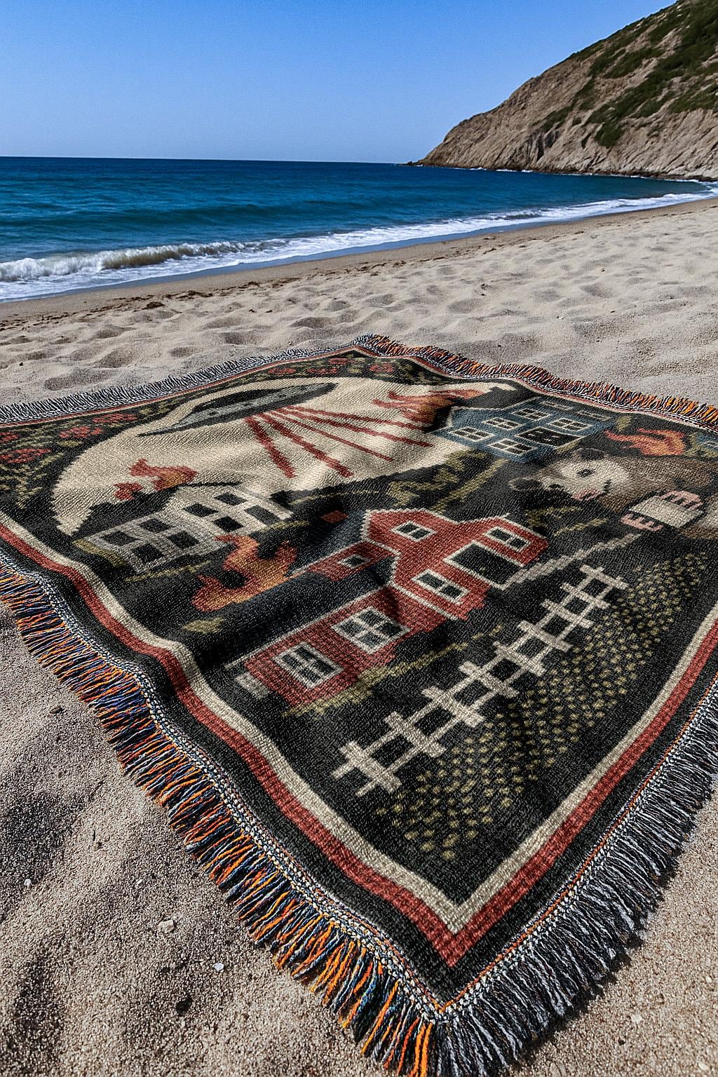 UFO Invasion Blanket | Chaotic Bohemian Western Woven Tapestry | Alien Opossum Country Throw Blanket
