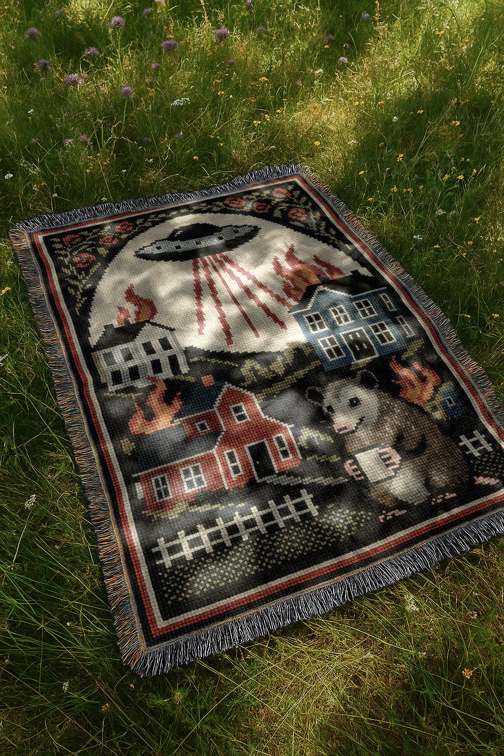 UFO Invasion Blanket | Chaotic Bohemian Western Woven Tapestry | Alien Opossum Country Throw Blanket