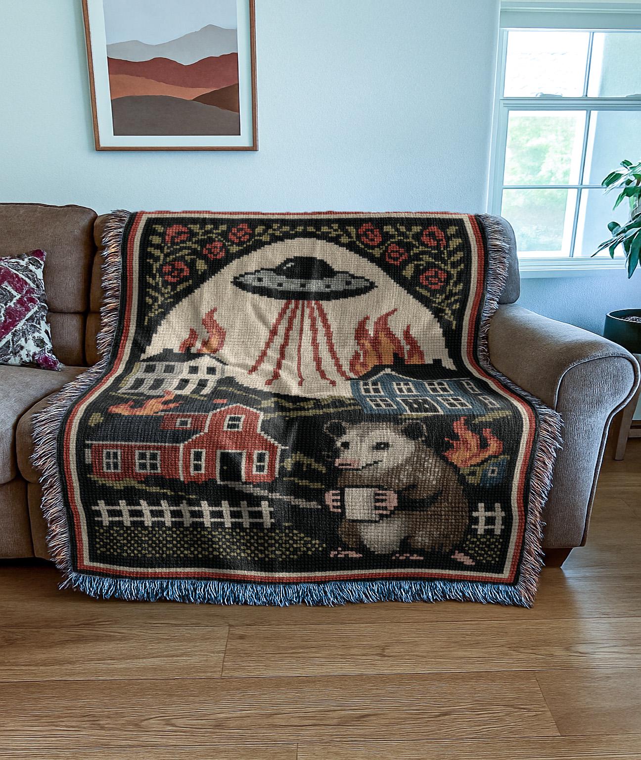 UFO Invasion Blanket | Chaotic Bohemian Western Woven Tapestry | Alien Opossum Country Throw Blanket