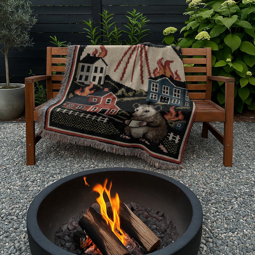 UFO Invasion Blanket | Chaotic Bohemian Western Woven Tapestry | Alien Opossum Country Throw Blanket