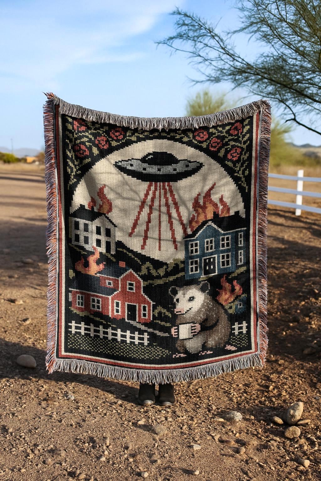 UFO Invasion Blanket | Chaotic Bohemian Western Woven Tapestry | Alien Opossum Country Throw Blanket