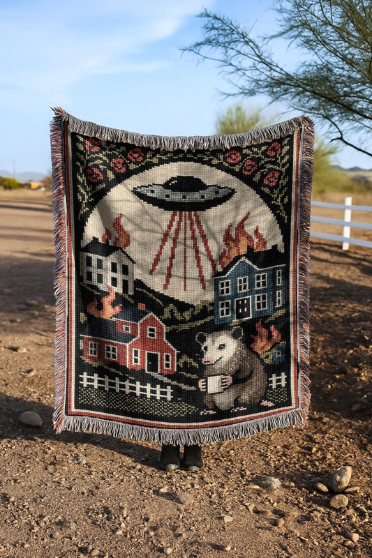 UFO Invasion Blanket | Chaotic Bohemian Western Woven Tapestry | Alien Opossum Country Throw Blanket
