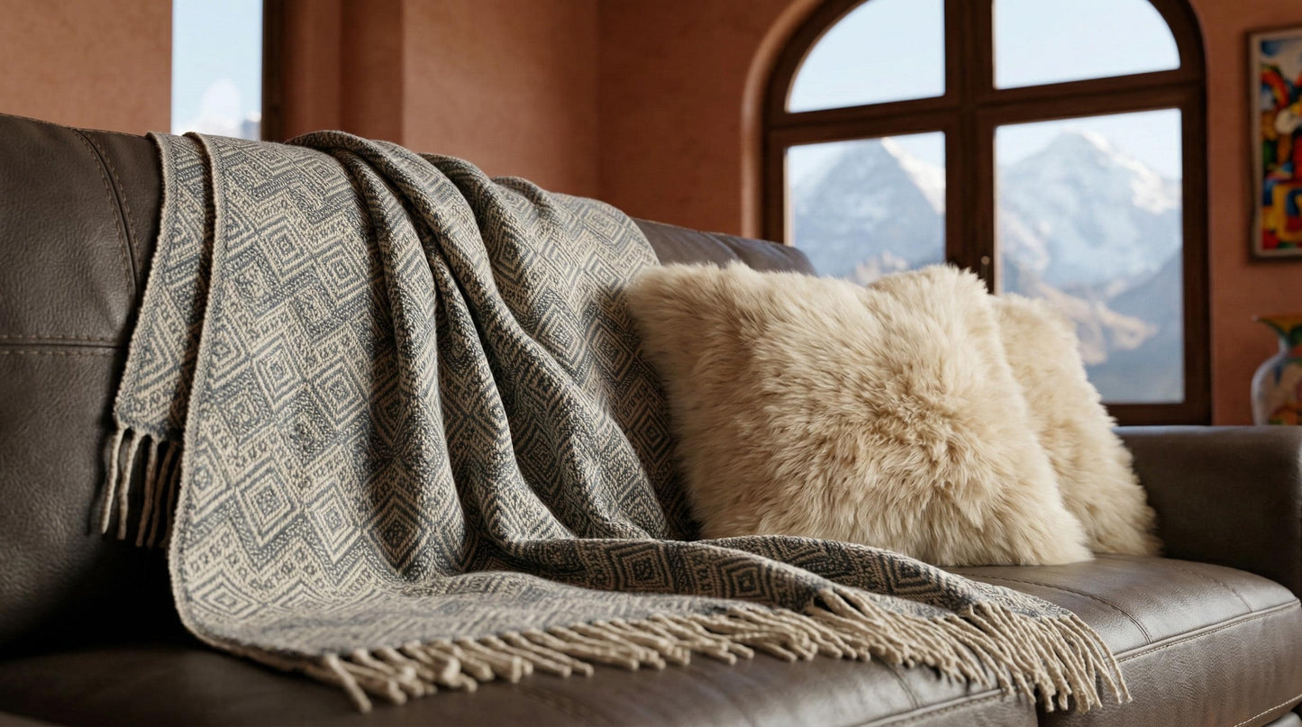 Steel Blue & Beige Alpaca Throw Blanket Baby Alpaca, Wedding Gift Anniversary Gift for Couple, for Dad, Luxury Soft Hypoallergenic Throw