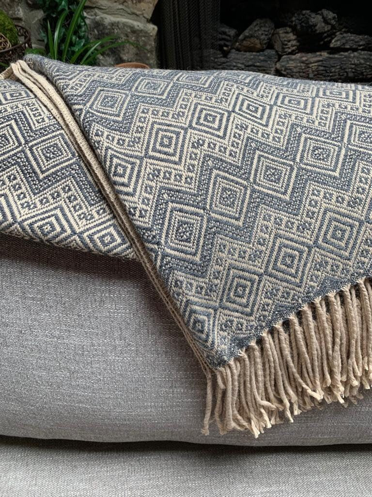 Steel Blue & Beige Alpaca Throw Blanket Baby Alpaca, Wedding Gift Anniversary Gift for Couple, for Dad, Luxury Soft Hypoallergenic Throw