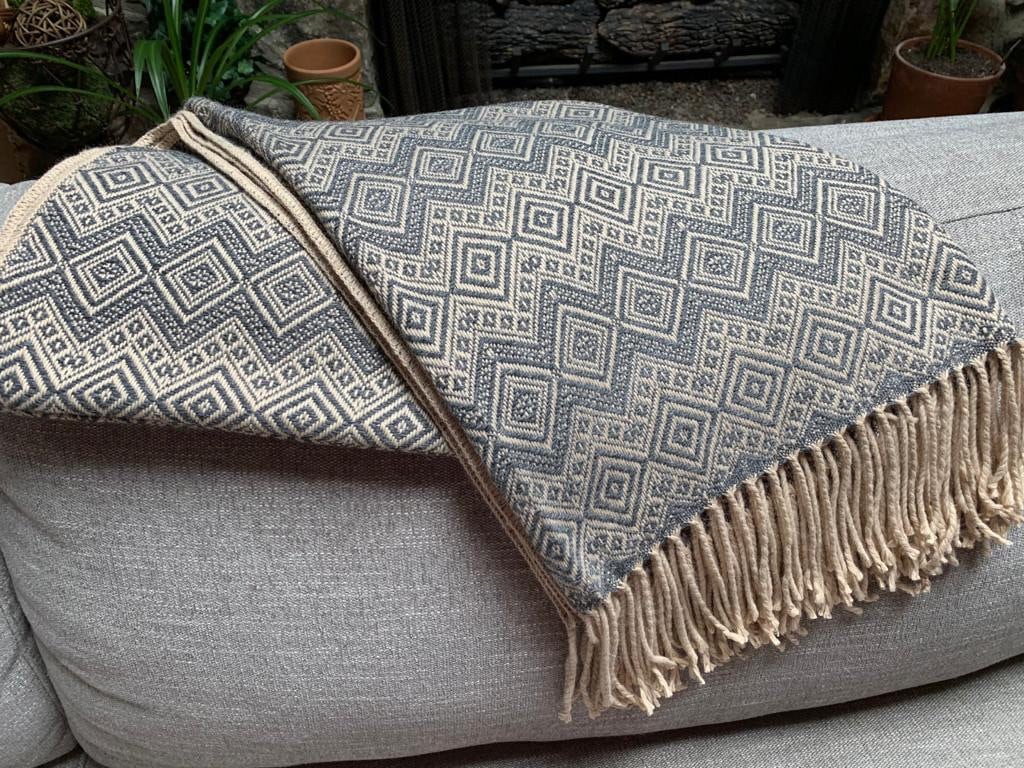 Steel Blue & Beige Alpaca Throw Blanket Baby Alpaca, Wedding Gift Anniversary Gift for Couple, for Dad, Luxury Soft Hypoallergenic Throw