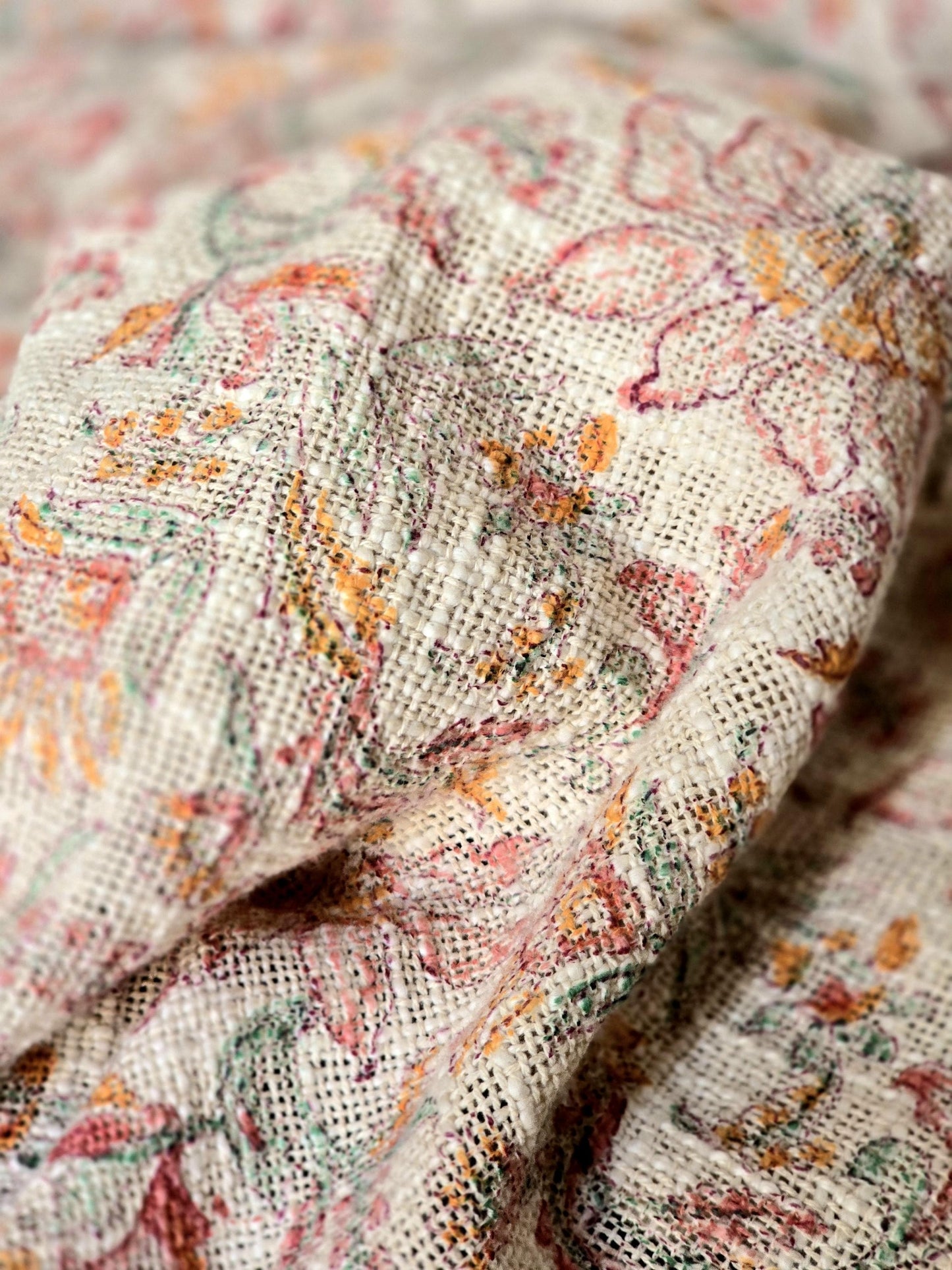 Handwoven Cotton Throw Blanket: Floral Print, Green & Peach, Boho Sofa Decor