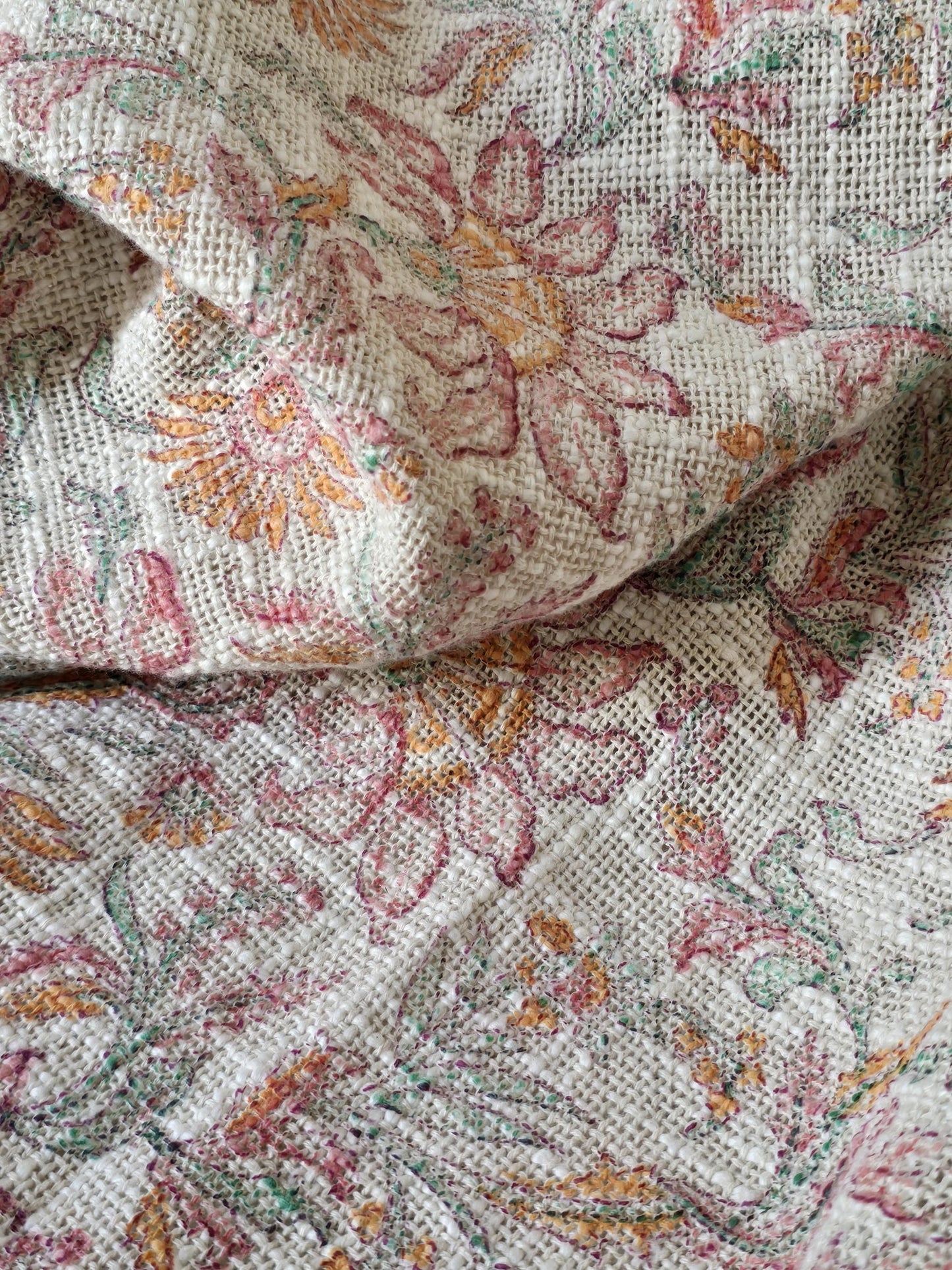 Handwoven Cotton Throw Blanket: Floral Print, Green & Peach, Boho Sofa Decor