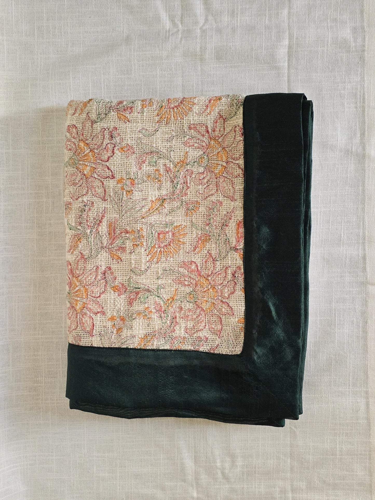 Handwoven Cotton Throw Blanket: Floral Print, Green & Peach, Boho Sofa Decor
