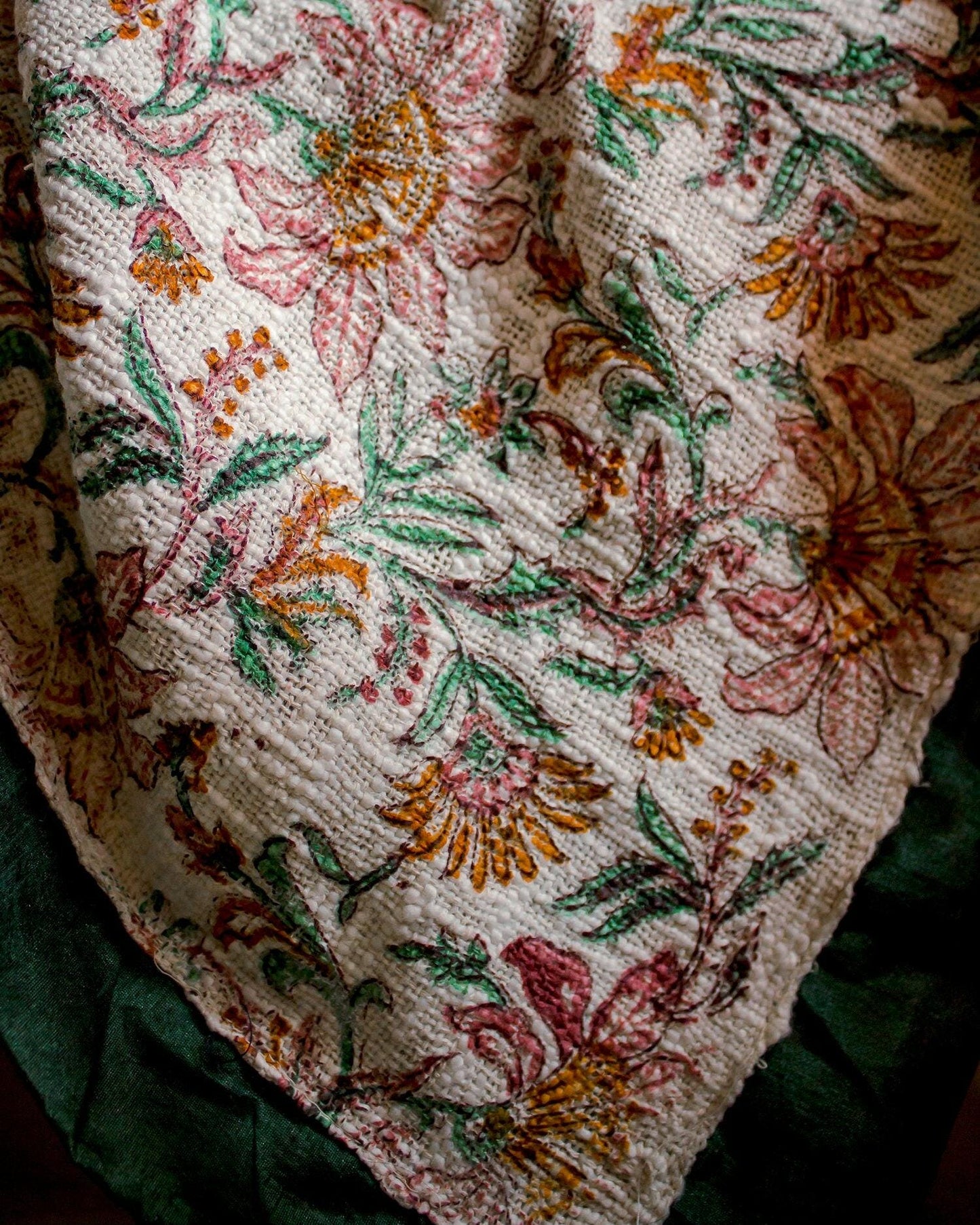 Handwoven Cotton Throw Blanket: Floral Print, Green & Peach, Boho Sofa Decor