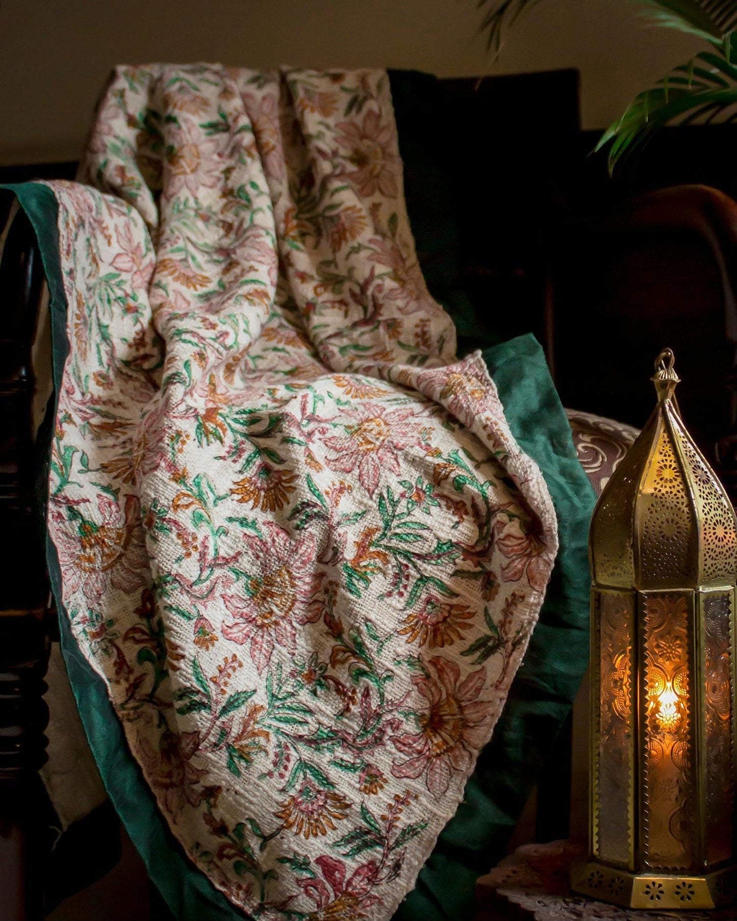 Handwoven Cotton Throw Blanket: Floral Print, Green & Peach, Boho Sofa Decor
