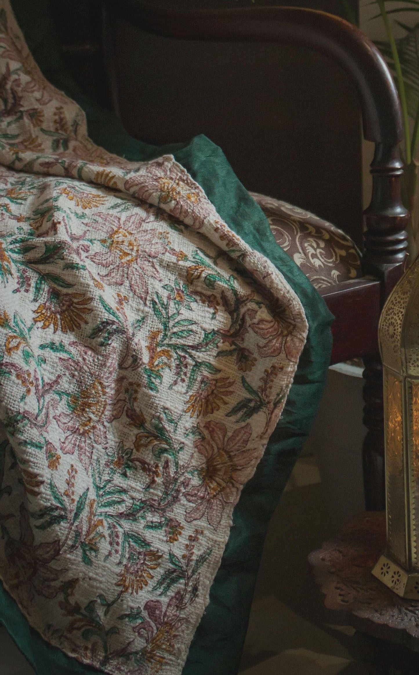 Handwoven Cotton Throw Blanket: Floral Print, Green & Peach, Boho Sofa Decor
