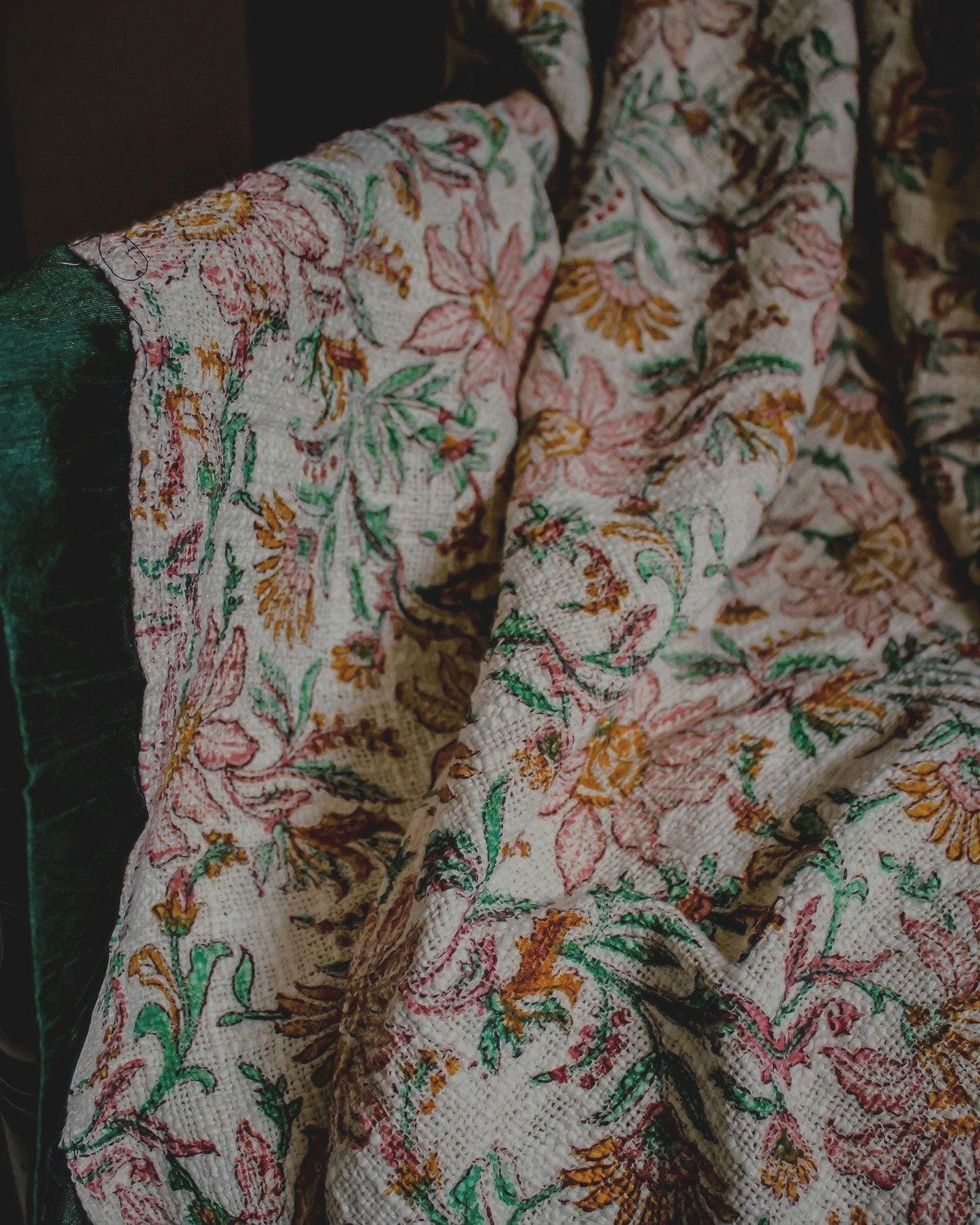 Handwoven Cotton Throw Blanket: Floral Print, Green & Peach, Boho Sofa Decor