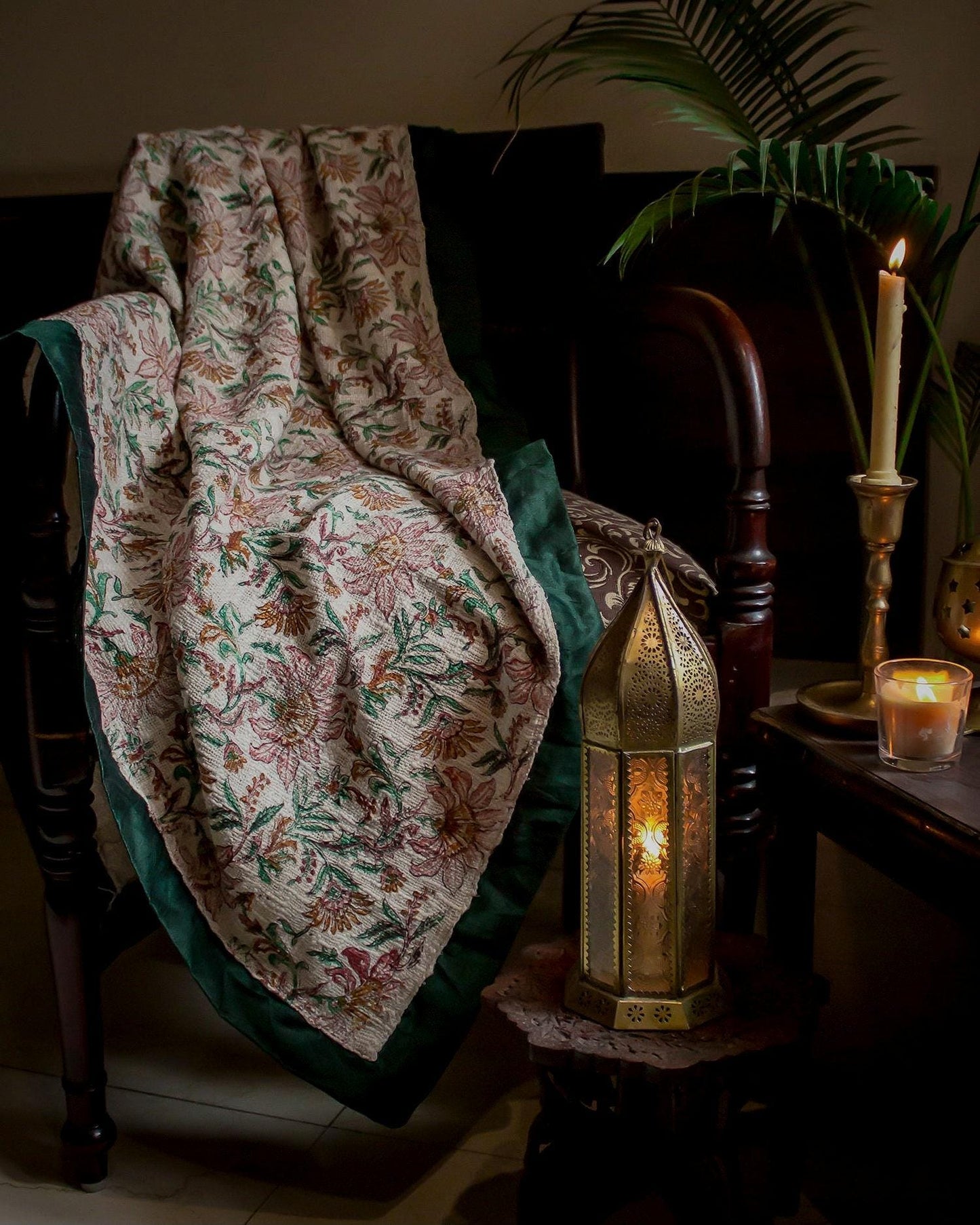 Handwoven Cotton Throw Blanket: Floral Print, Green & Peach, Boho Sofa Decor