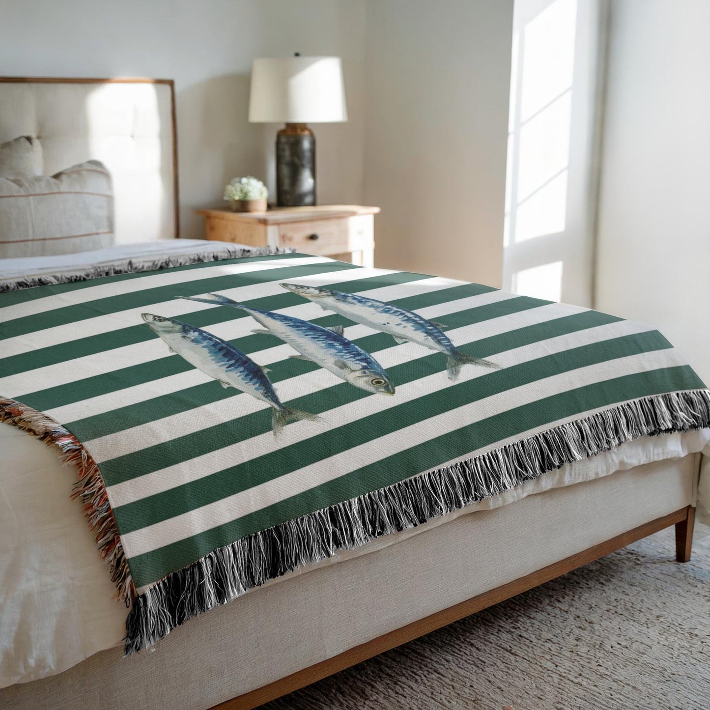 Sardine Blanket Coastal Decor Green Striped Nautical Fish Woven Cotton Throw, Beach House Decor Maritime Wall Tapestry Gift for Dad
