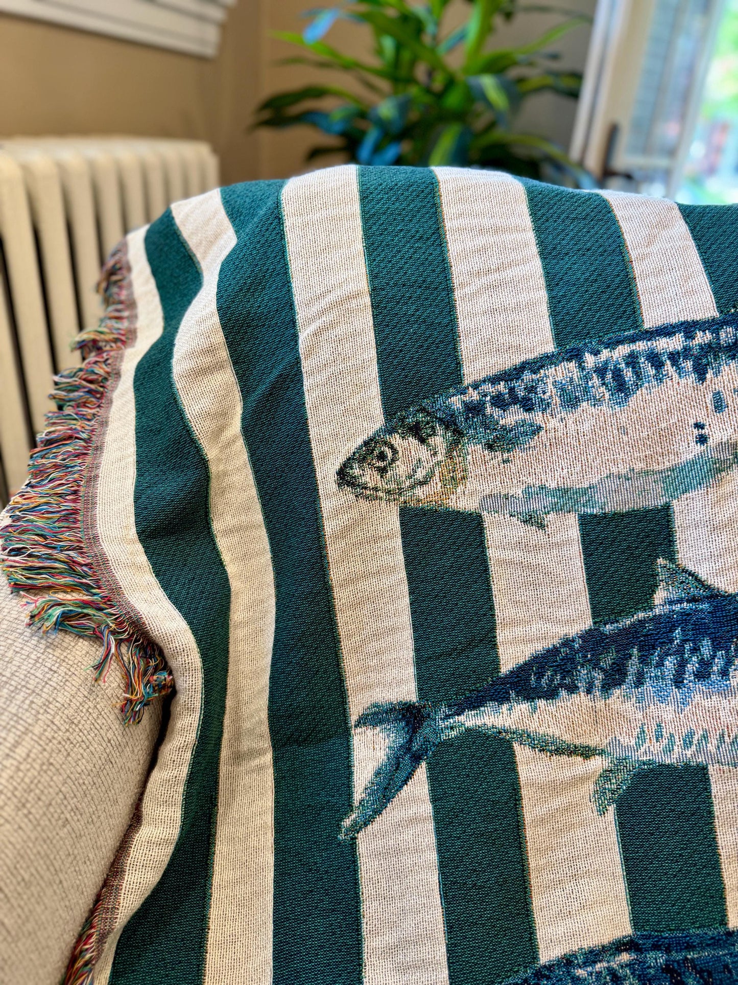 Sardine Blanket Coastal Decor Green Striped Nautical Fish Woven Cotton Throw, Beach House Decor Maritime Wall Tapestry Gift for Dad