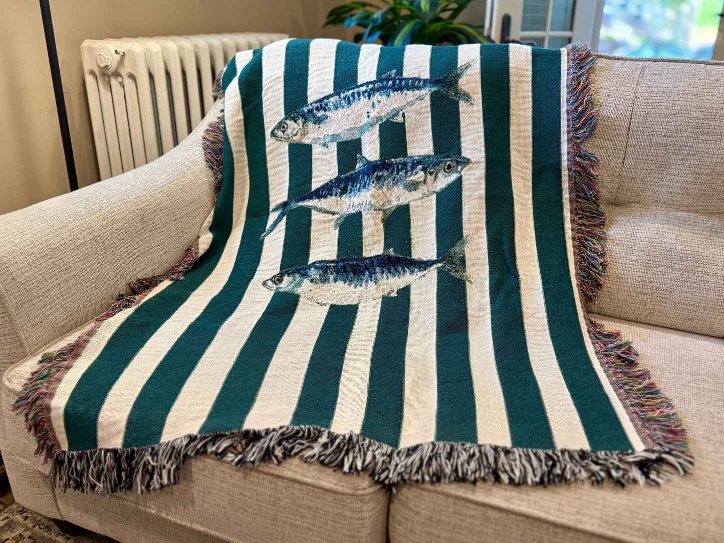 Sardine Blanket Coastal Decor Green Striped Nautical Fish Woven Cotton Throw, Beach House Decor Maritime Wall Tapestry Gift for Dad