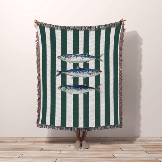 Sardine Blanket Coastal Decor Green Striped Nautical Fish Woven Cotton Throw, Beach House Decor Maritime Wall Tapestry Gift for Dad