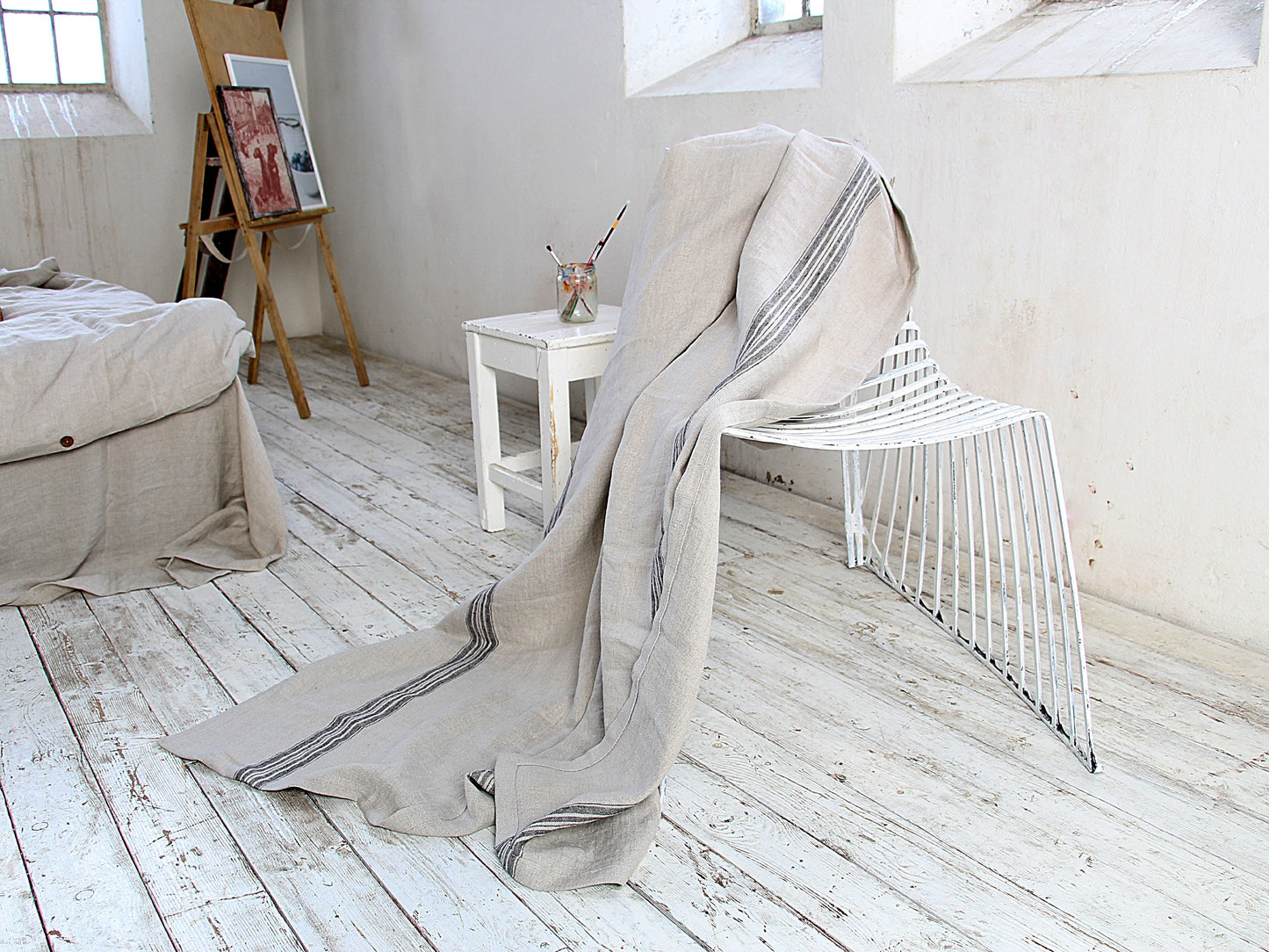 Heavy Striped Linen Throw Blanket - Natural Linen Woven Sofa Plaid