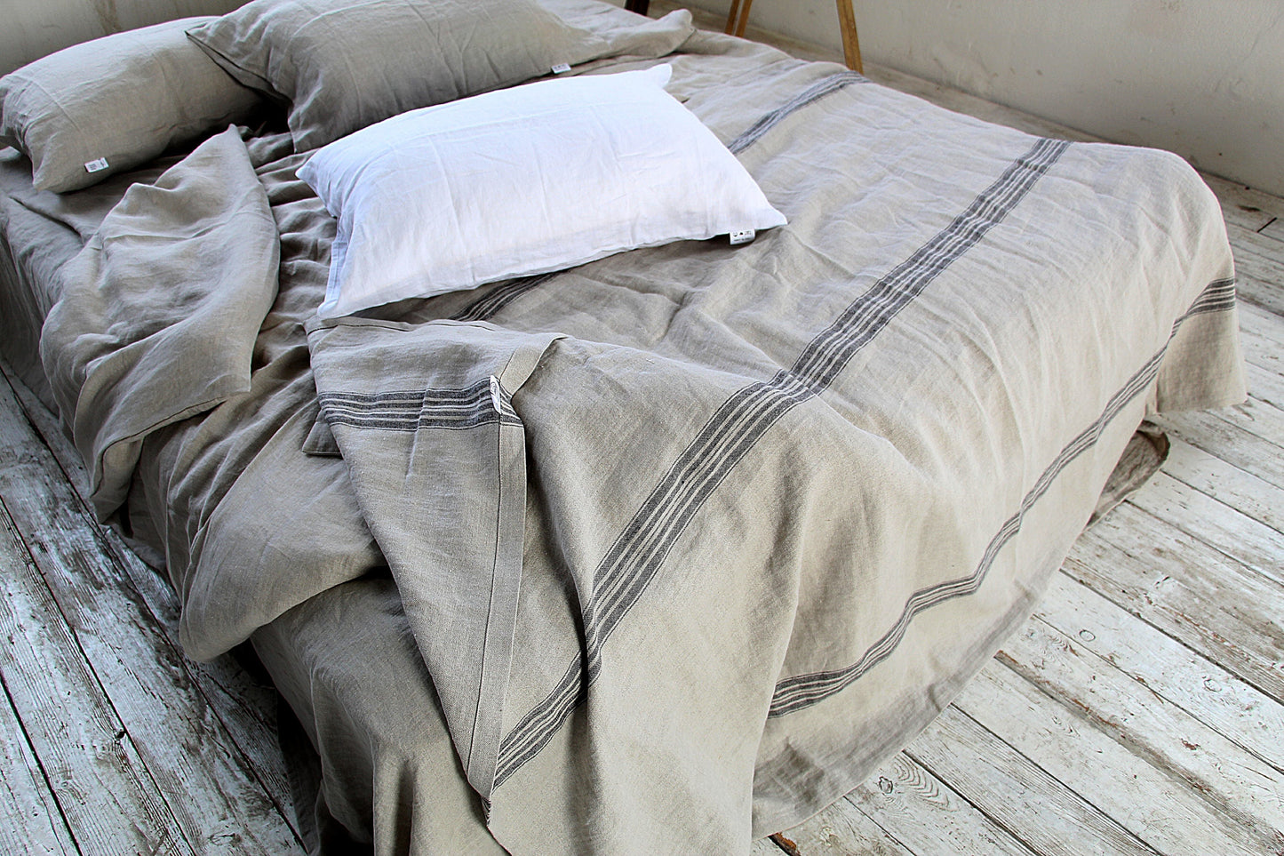 Heavy Striped Linen Throw Blanket - Natural Linen Woven Sofa Plaid