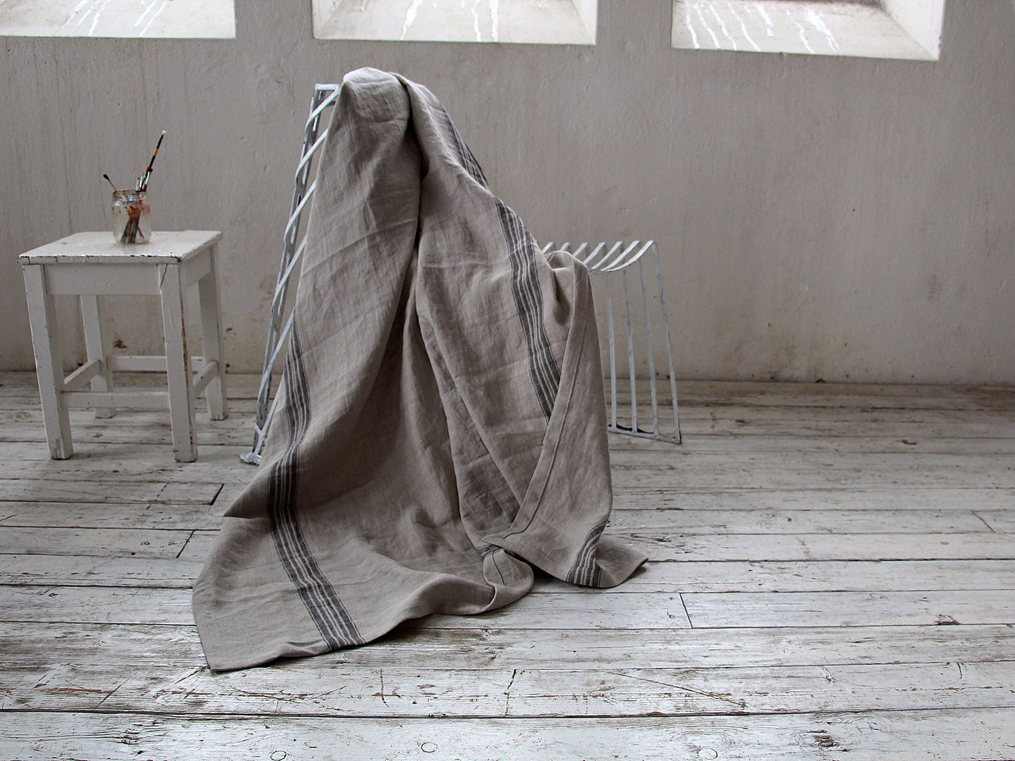 Heavy Striped Linen Throw Blanket - Natural Linen Woven Sofa Plaid