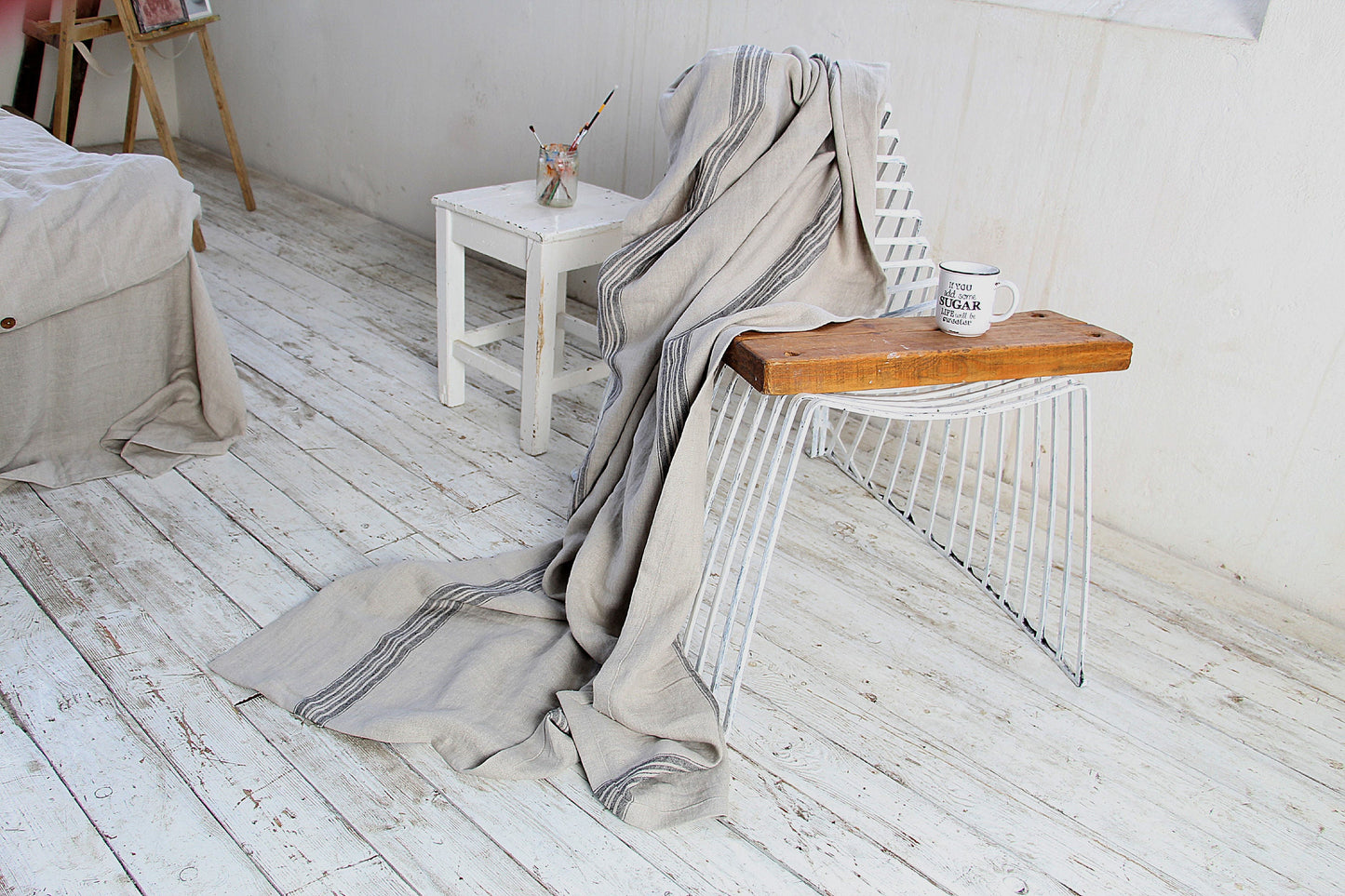 Heavy Striped Linen Throw Blanket - Natural Linen Woven Sofa Plaid