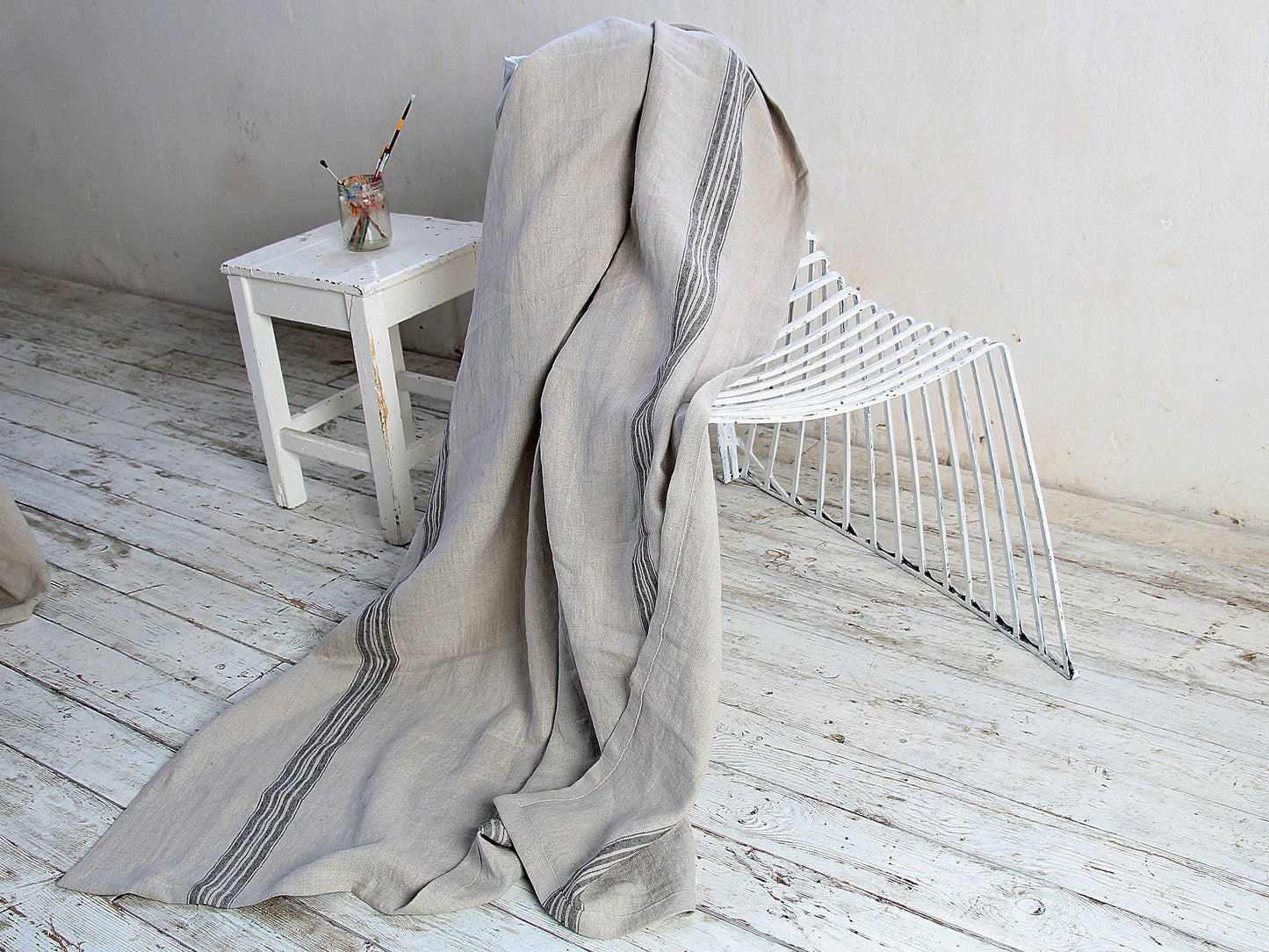 Heavy Striped Linen Throw Blanket - Natural Linen Woven Sofa Plaid