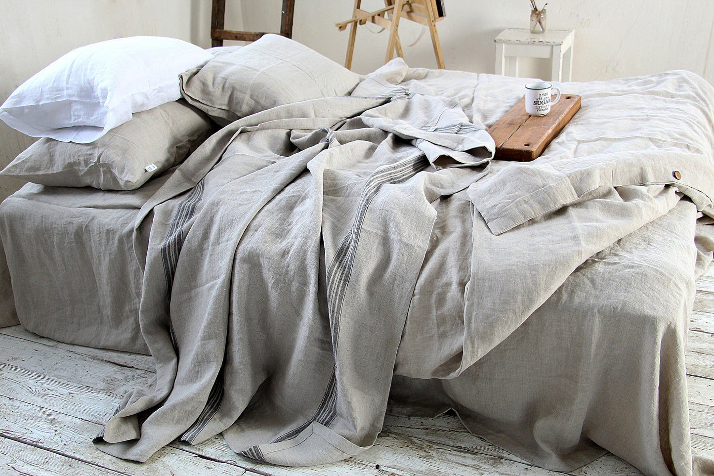 Heavy Striped Linen Throw Blanket - Natural Linen Woven Sofa Plaid