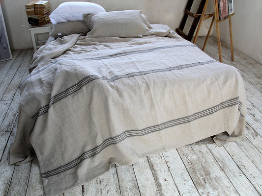Heavy Striped Linen Throw Blanket - Natural Linen Woven Sofa Plaid