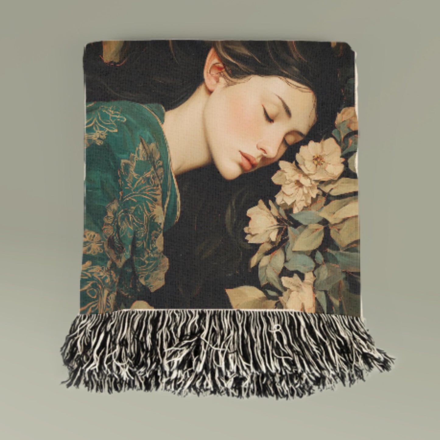 Art Nouveau Woven Blanket | Sleeping Woman Floral Tapestry