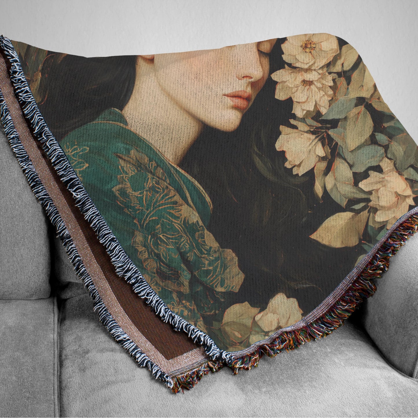 Art Nouveau Woven Blanket | Sleeping Woman Floral Tapestry