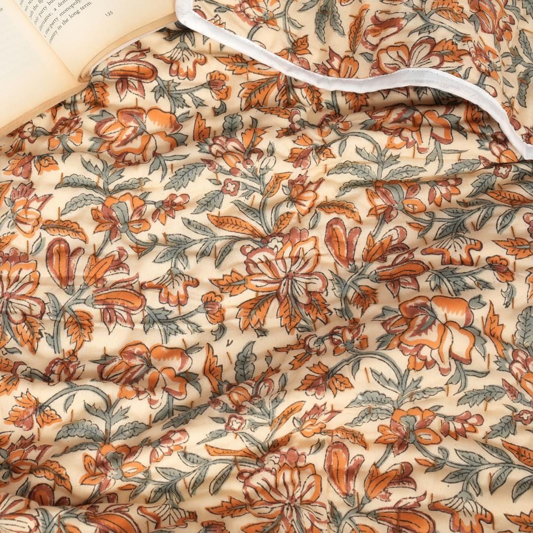Teal Floral Quilt Block Print Bedding Farmhouse Decor Bedroom housewarming gift baby quilt Bedspread Fall Quilted Blanket Mustard blanket