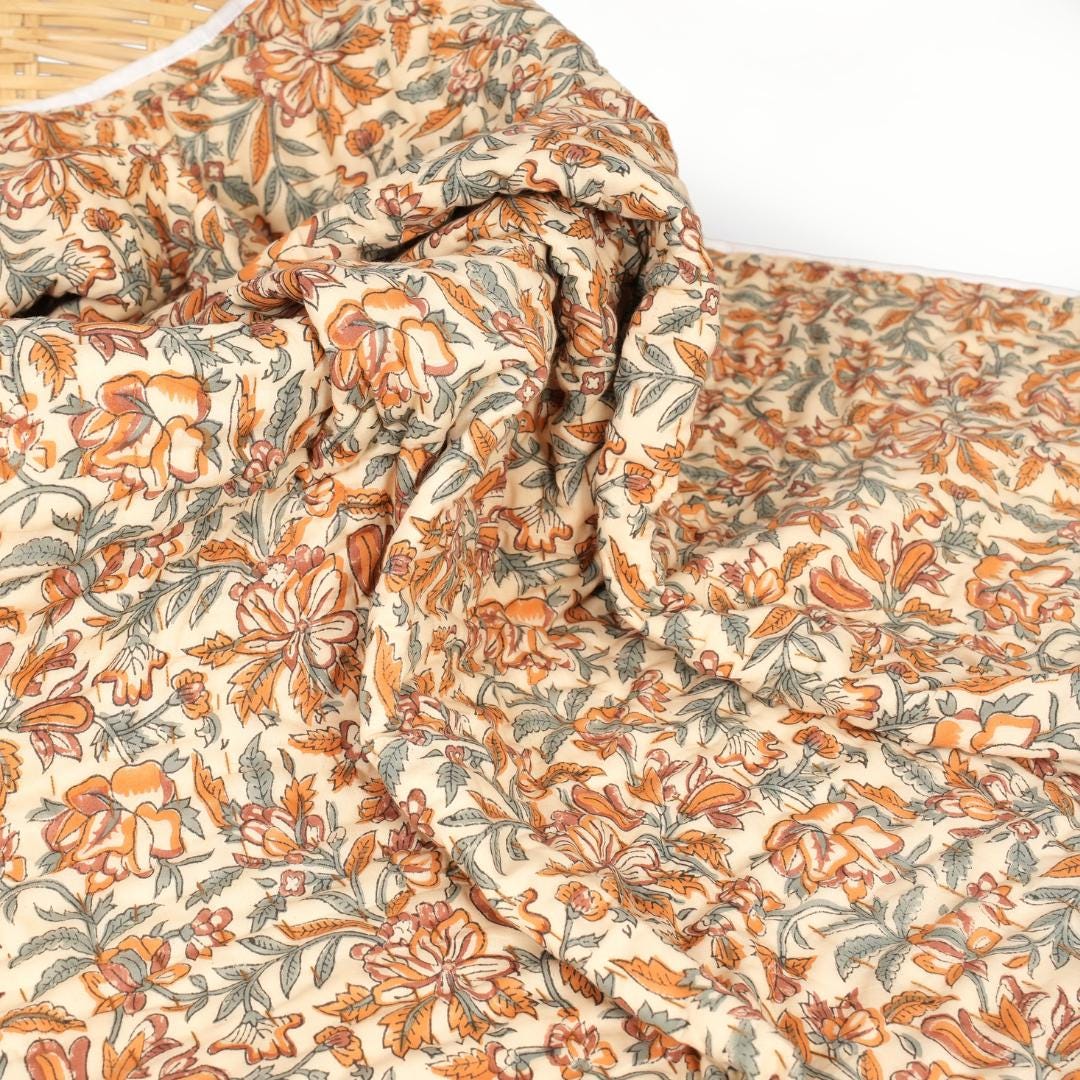 Teal Floral Quilt Block Print Bedding Farmhouse Decor Bedroom housewarming gift baby quilt Bedspread Fall Quilted Blanket Mustard blanket