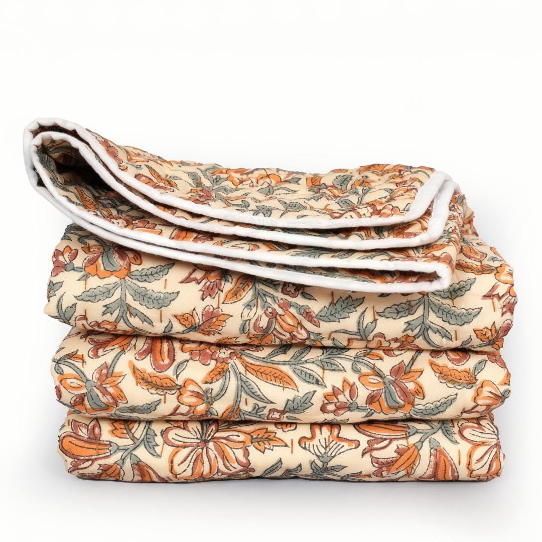 Teal Floral Quilt Block Print Bedding Farmhouse Decor Bedroom housewarming gift baby quilt Bedspread Fall Quilted Blanket Mustard blanket
