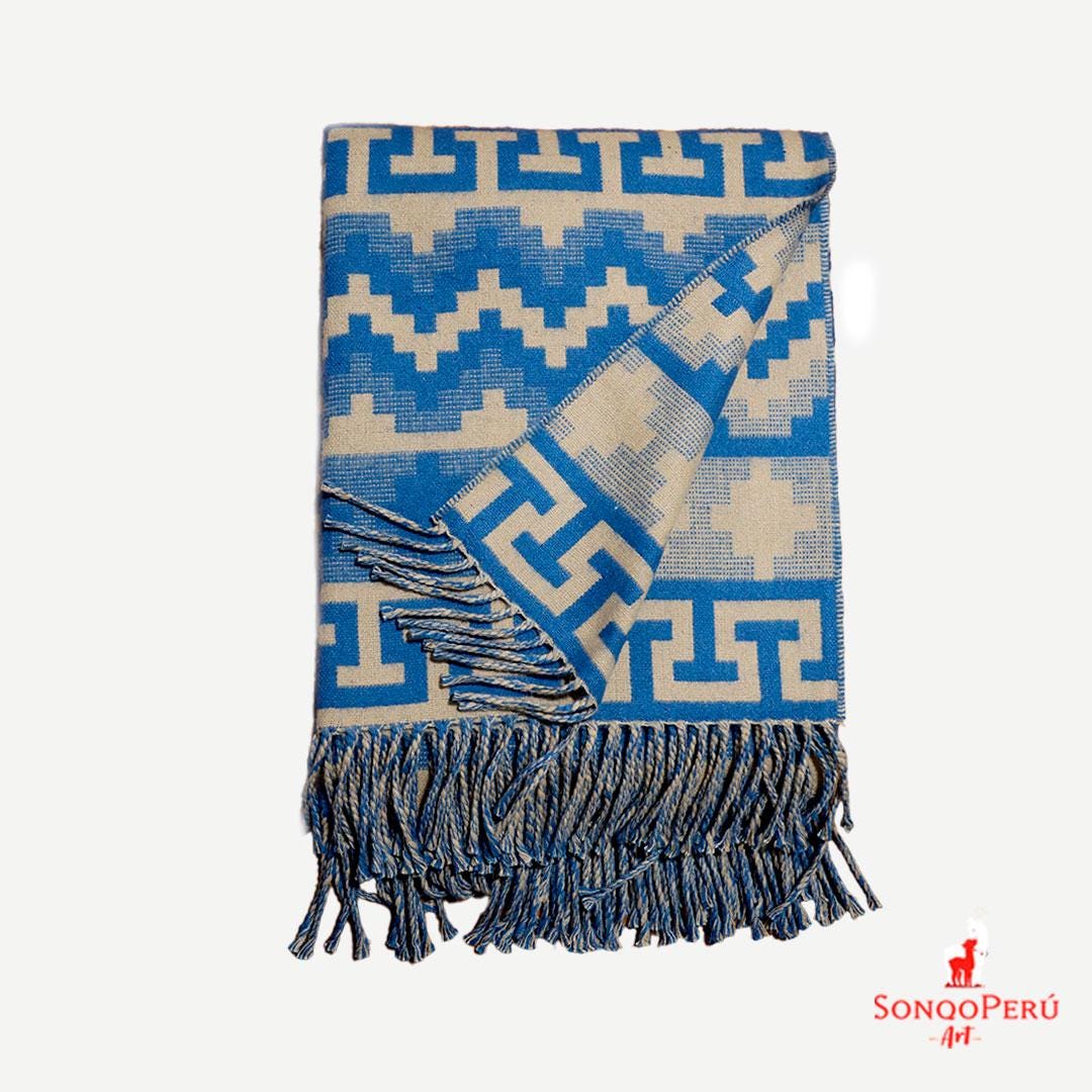 Handmade Alpaca Throw Blanket: Light Grey & Blue Luxury Wool