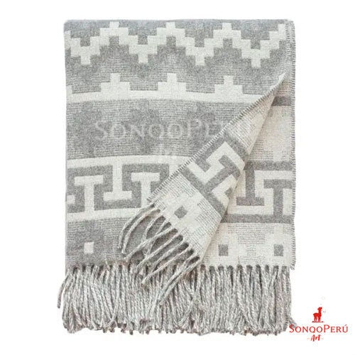 Handmade Alpaca Throw Blanket: Light Grey & Blue Luxury Wool