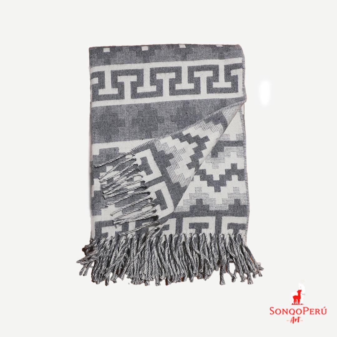 Handmade Alpaca Throw Blanket: Light Grey & Blue Luxury Wool