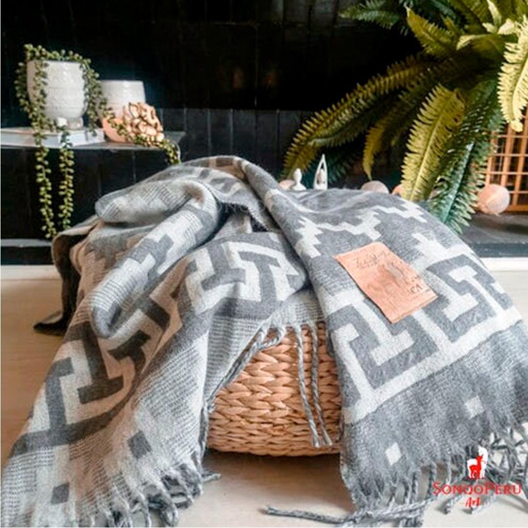 Handmade Alpaca Throw Blanket: Light Grey & Blue Luxury Wool