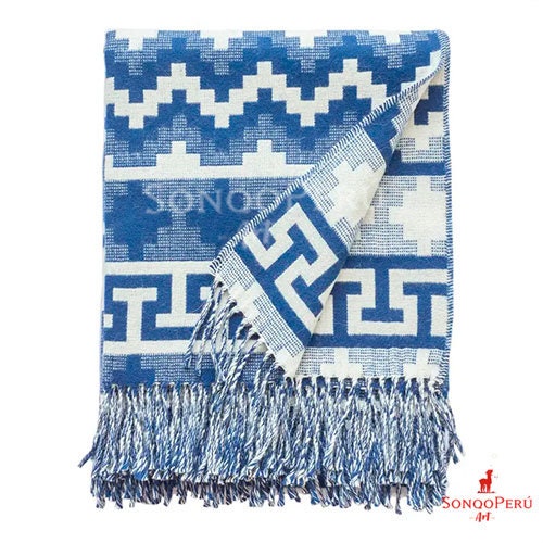 Handmade Alpaca Throw Blanket: Light Grey & Blue Luxury Wool