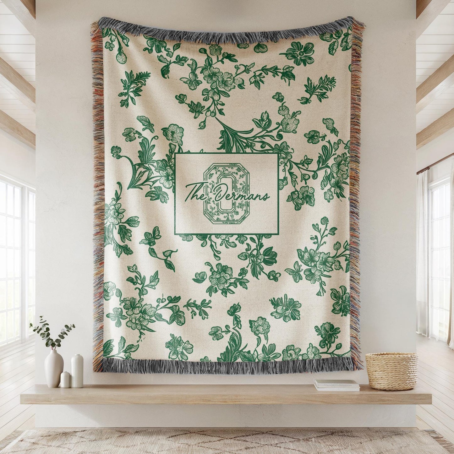 Toile monogram blanket personalized woven throw, last name floral throw for couch, personalized house warming gift, newly married,