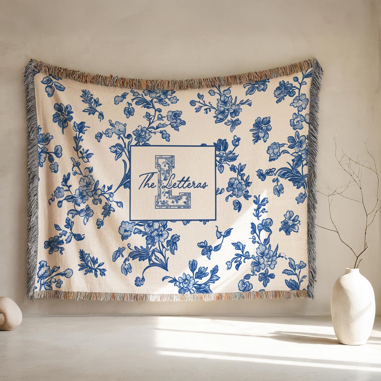 Toile monogram blanket personalized woven throw, last name floral throw for couch, personalized house warming gift, newly married,