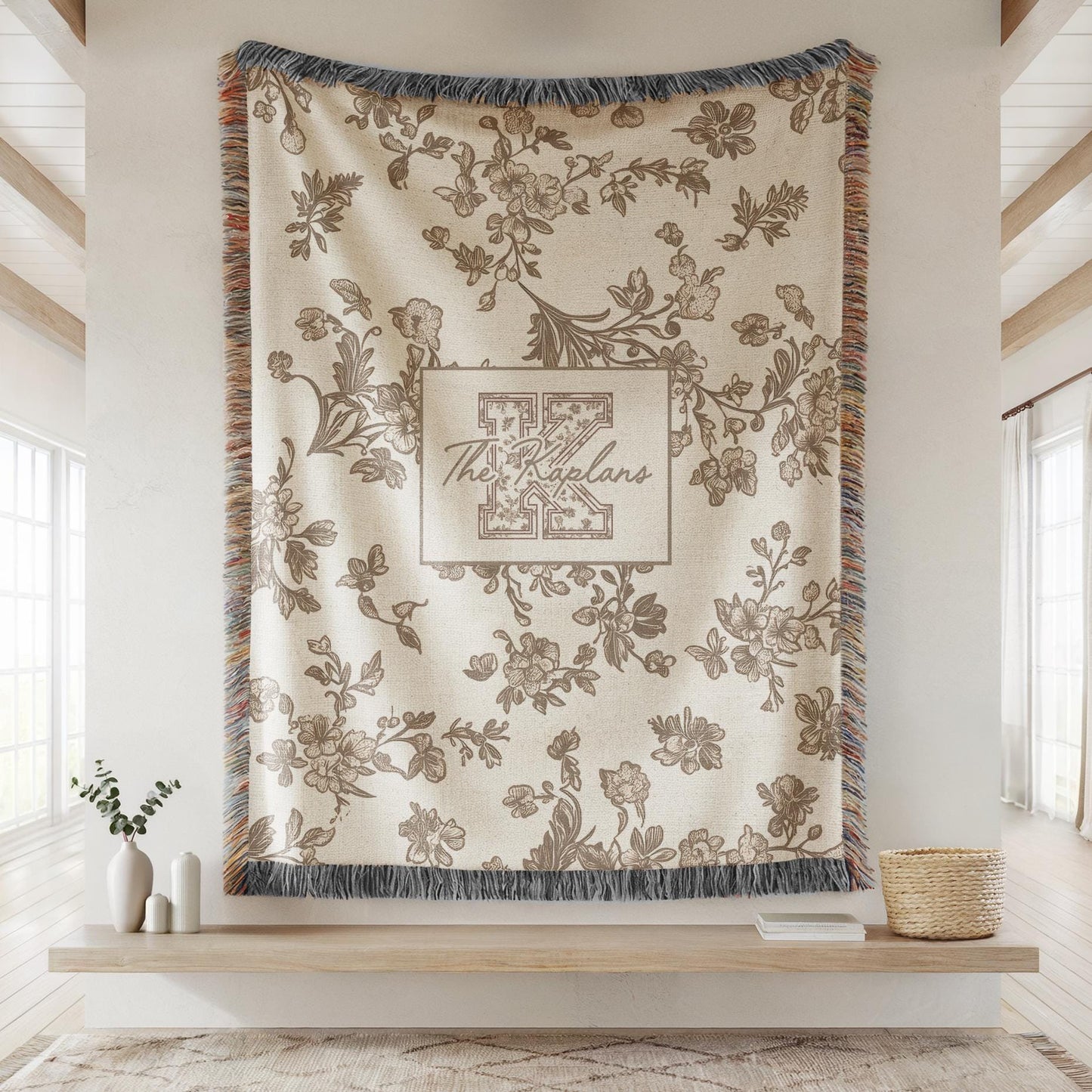 Toile monogram blanket personalized woven throw, last name floral throw for couch, personalized house warming gift, newly married,