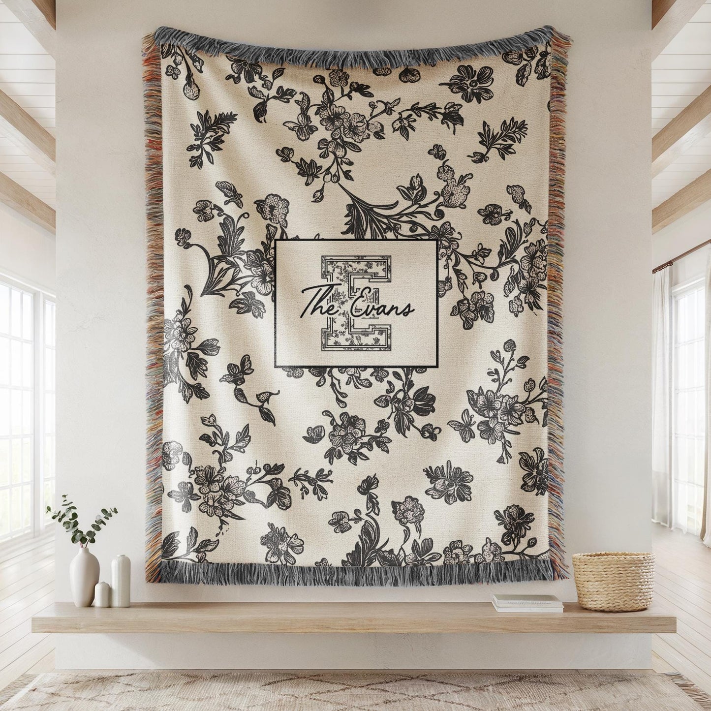 Toile monogram blanket personalized woven throw, last name floral throw for couch, personalized house warming gift, newly married,