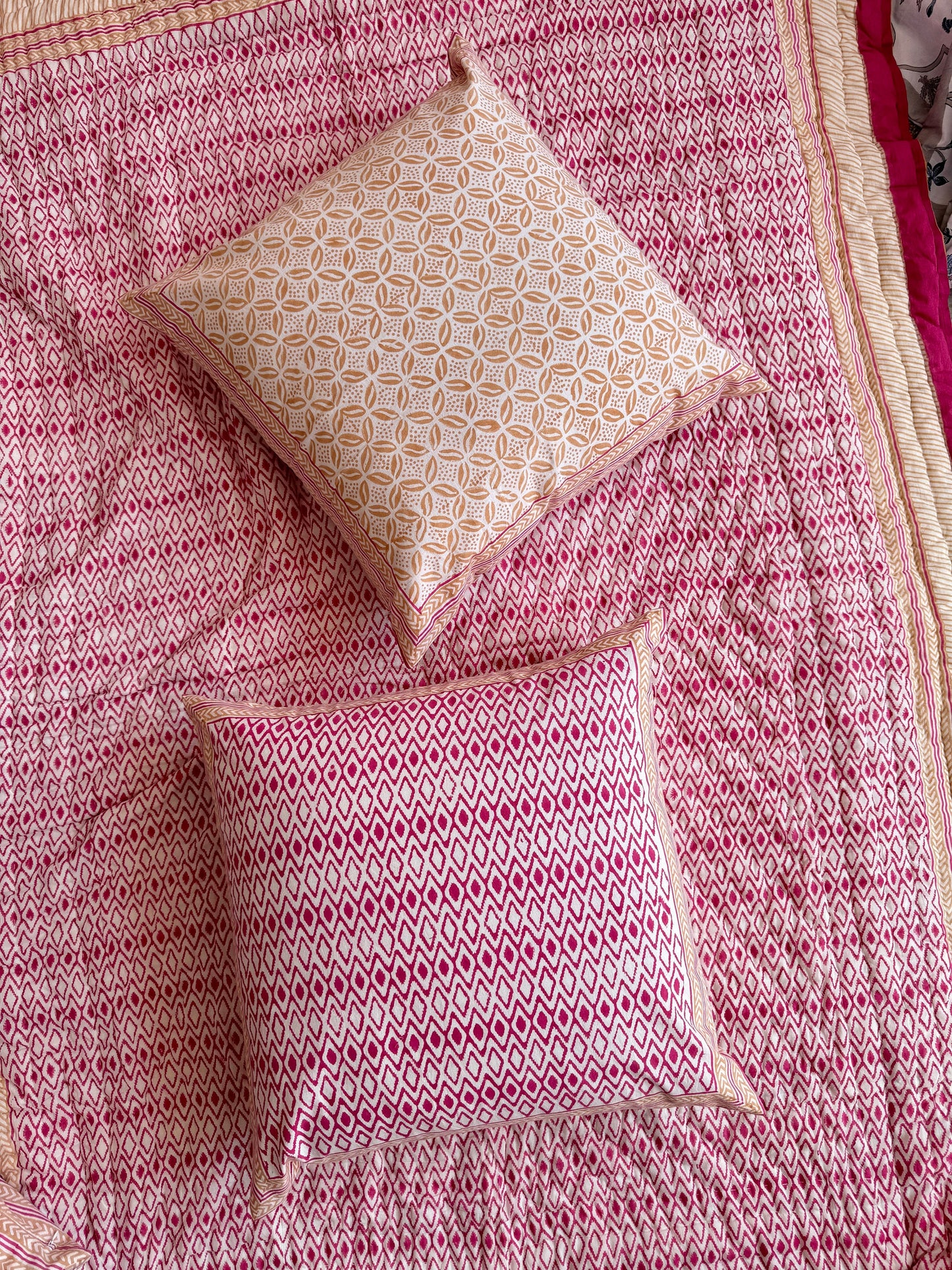 Hand Block Print Queen Quilt: Indian Kantha Cotton Bedspread